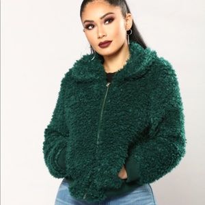 Fluffy green shearling bomber jacket